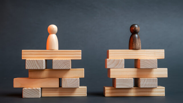 Two wooden figures standing on unstable towers made of blocks against a dark background