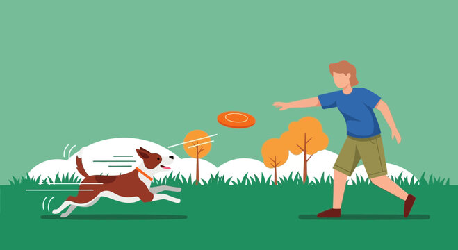 Man throwing frisbee for dog in park, happy pet playing fetch outdoors, summer activity