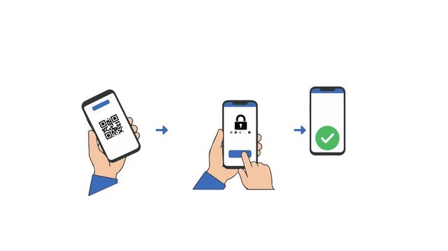 QR code payment and pin verification animation. Mobile transaction security validation vector.