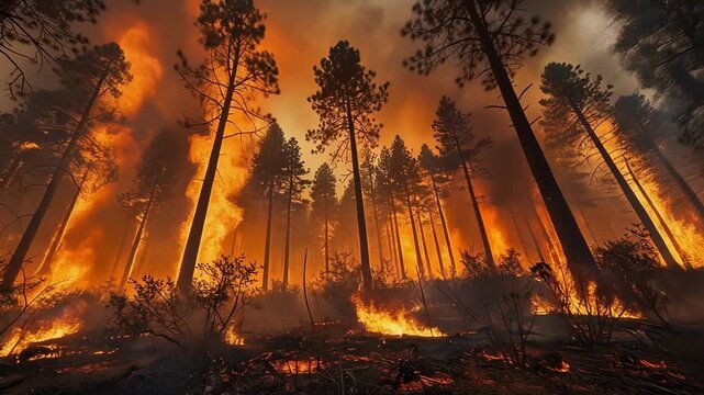 Intense wildfire raging through dense forest with towering flames and thick smoke consuming trees rapidly