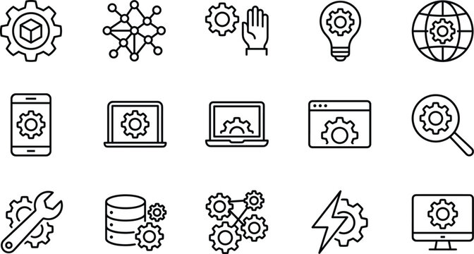 Technical settings and configuration line icon set featuring gears web development tools and data optimization elements