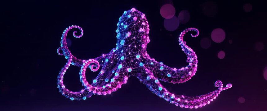 Glowing 3D Molecular Octopus Silhouette in Futuristic Digital Space