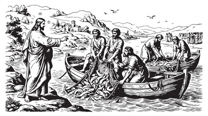 Naklejka premium Jesus calling fishermen biblical scene vintage engraving style with fisherman religion christian