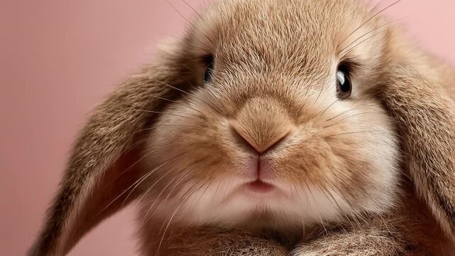 Cute fluffy brown bunny with long ears cuddling on soft pink background adorable pet animal close up
