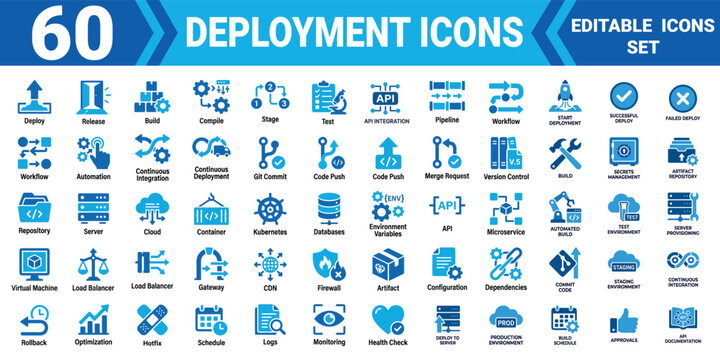 Deployment icons set 60 editable vector illustrations for devops ci cd and software development