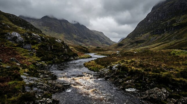River Coe winding through the dramatic Glencoe valley in Scotland