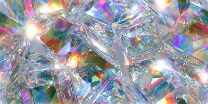 Close-up view of multiple sparkling diamonds with brilliant facets reflecting light, showcasing a variety of shapes and sizes in a luxurious arrangement
