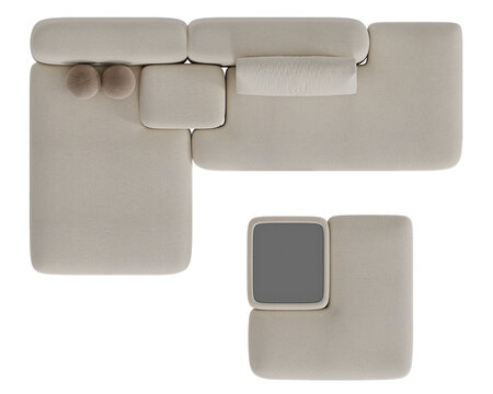 Top view of a modern beige modular sectional sofa with side table
