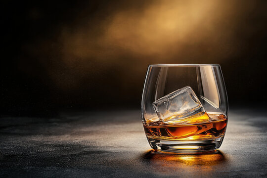 Whiskey glass with ice on dark table amber liquor in crystal glass warm light dark background still life drink bar luxury evening clear glass