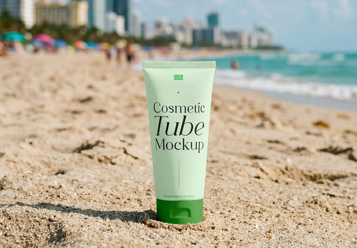 Cosmetic Tube on Beach Mockup