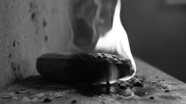 Black and White Close Up of a Burning Object with Flames and Smoke Rising Against a Dark Background
