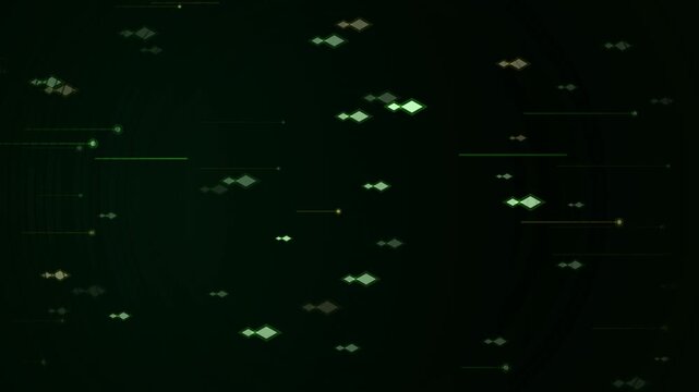 Futuristic technology background loop featuring fast-moving green matrix lines and digital diamond particles streaming across a dark backdrop. Ideal for coding and cyber science slides