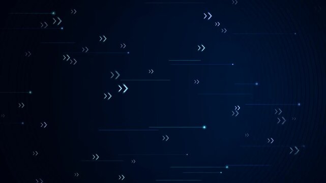 Futuristic technology background loop featuring fast-moving blue digital arrows and glowing light lines streaming across a dark grid backdrop. Ideal for cyber data presentation slides