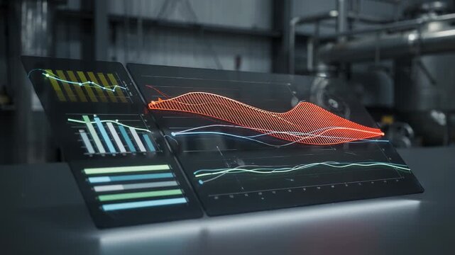 Medium shot of a gas kiln monitoring dashboard displaying realtime temperature curves and fuel consumption metrics for efficient energy management in industrial firing processes