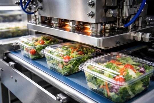 M&aacute;quina de envasado que sella los envases de ensalada en una planta de producci&oacute;n de alimentos