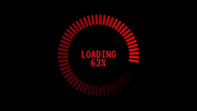 cyberpunk loading circle data with percentage and text pixelate style, futuristic loading data progress, retro text style, process loading data on transparent background or black background, 4k video