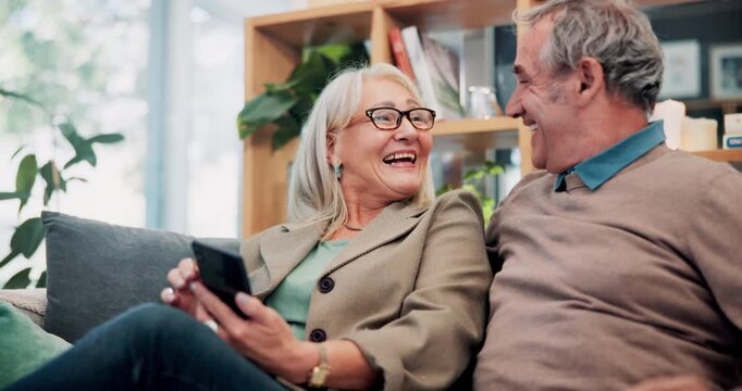 Streaming, laugh or old couple in house with phone, funny video or social media scroll in retirement. Smile, digital or elderly people with tech, online comic or humor reaction on multimedia platform