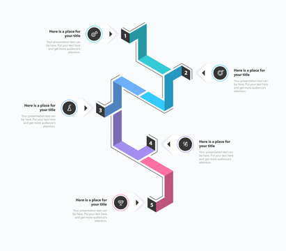 Vertical process diagram with five steps and a place for your text. Isometric template with numbers and icons for workflow layout, banner or web design.