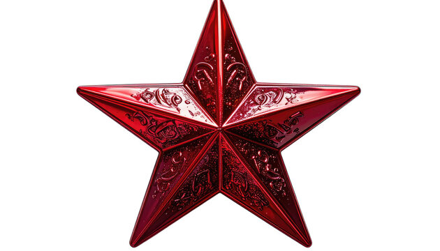 A highly detailed red star ornament with intricate patterns against a black background.