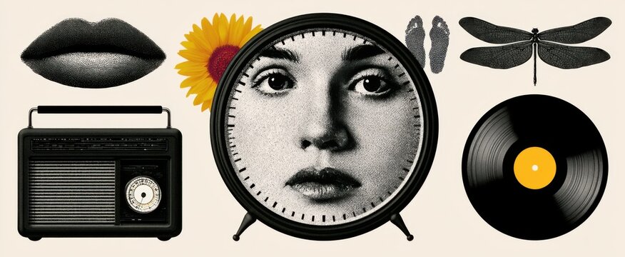 Stylish halftone dot effect collection featuring lips, eyebrows, feet, sunflower, dragonfly, retro radio, classic clock, and vinyl record. Gritty punk grain texture for y2k collage artwork.
