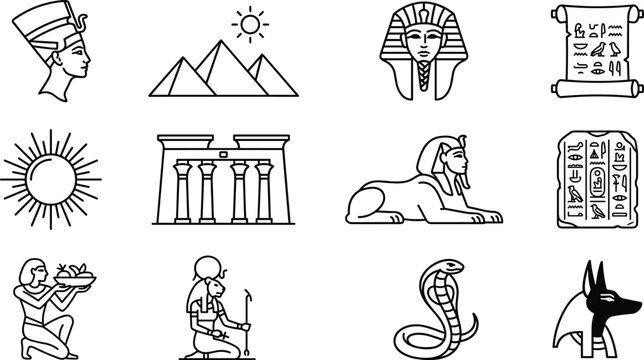 Ancient Egypt history and mythology linear icon set with pyramid sphinx pharaoh culture symbols collection.