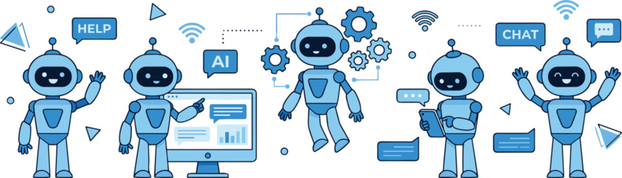 Cute ai robot chatbot assistant character set for future technology website customer support online help.