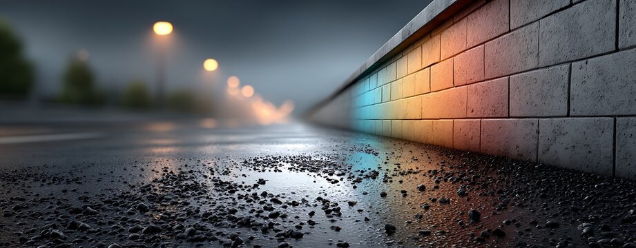 Wall art lgptqian wet asphalt road surface at night with glowing street lights reflecting on brick wall and dark rainy street