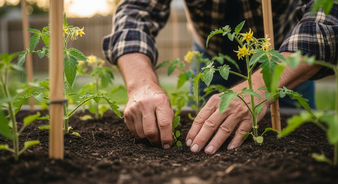 Person weeding vegetable patch with experienced hands, cultivating fresh tomato plants and sustainable organic gardening