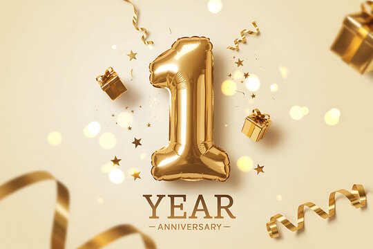 One year anniversary celebration background with golden number 1 balloon, gift boxes, stars, and confetti on light yellow backdrop.