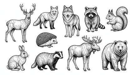 Fototapeta premium Forest wildlife and woodland animals line art engraving for coloring page 