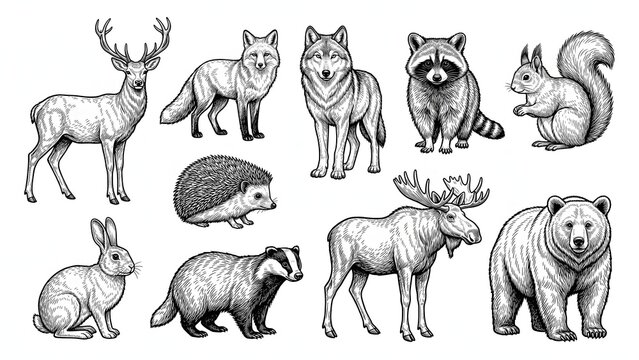 Forest wildlife and woodland animals line art engraving for coloring page 