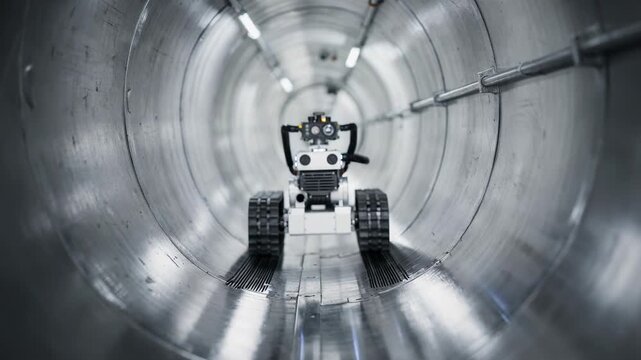 Medium shot of a robotic crawler smoothly navigating a straight pipeline showcasing automated inspection technology in industrial maintenance