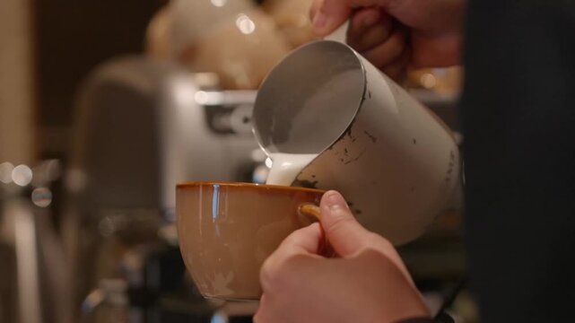 20250521_FX3c31022 Barista pouring frothy steamed milk into cup making hot coffee cappuccino or latte