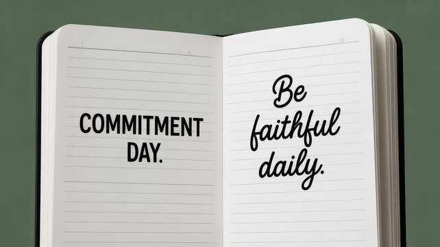 An open notebook featuring bold black text that reads commitment day and be faithful daily on clean white lined paper