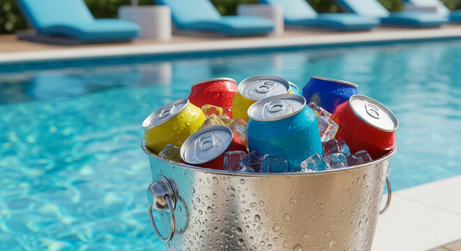 Colorful aluminum soda cans in an ice bucket with drinks chilling by a sunny swimming pool, summer refreshment and poolside relaxation