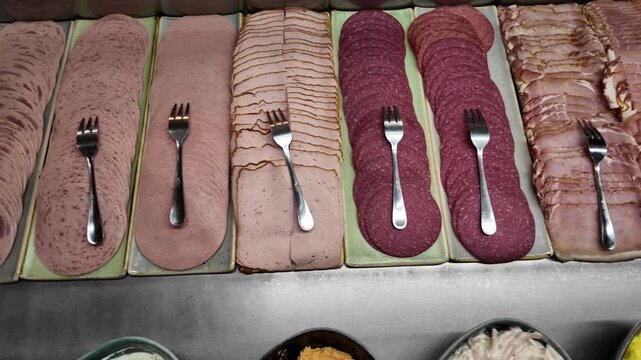 Sliced meat and cold cuts assortment on breakfast buffet