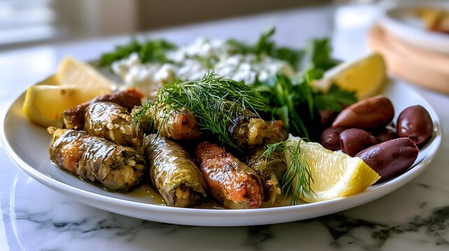 Traditional Greek dolmades with olives, feta cheese and lemon, Mediterranean cuisine appetizer on plate