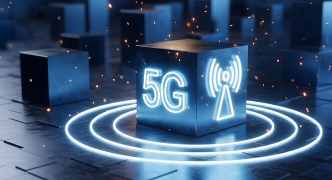 Glowing 5G cube with signal tower icon on dark futuristic background