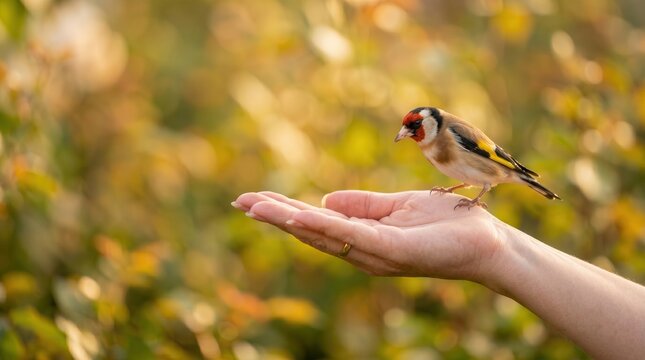 European goldfinch bird perched on a human hand in nature