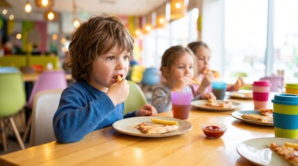 Fototapeta premium Three children sit at a wooden table in a colorful restaurant. They eat pizza and drink juice from plastic cups. It is a lively setting with natural light coming in through large windows