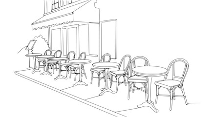 Obraz premium Outdoor Cafe Seating, Parisian Bistro Terrace Sketch, Empty Tables and Chairs
