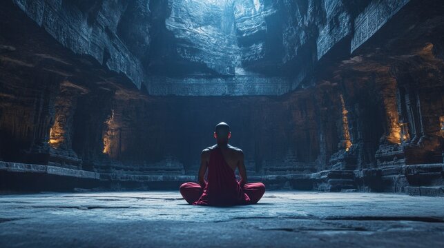 Monk in meditation, ancient temple