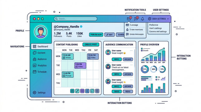 Modern social media management dashboard interface with content publishing and analytics tools