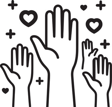 Black and white hand-drawn icons of hands signing the letters for 'love' in American Sign Language surrounded by hearts and plus symbols.