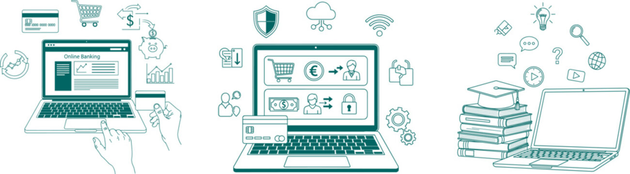 E Commerce, Online Banking, Digital Payments, Cyber Security and E Learning Technology Line Icon Set