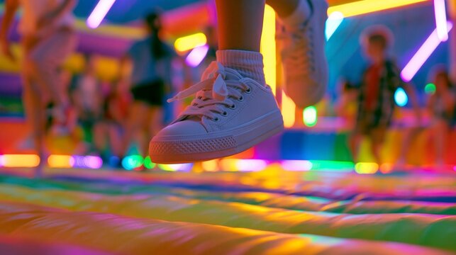 Closeup of a childs sneakers lifting off a bright rainbow inflatable floor playful kids blurred in neonlit indoor bounce castle vibrant LED hues and soft mats creating lively