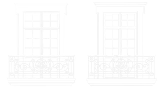 Minimalist White Outline Drawing of French Balcony and Window with Ornate Railing