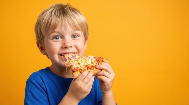 A boy holds a slice of pizza with cheese in one hand and smiles widely. He has short blonde hair and wears a blue shirt. The bright yellow background draws attention to him eating