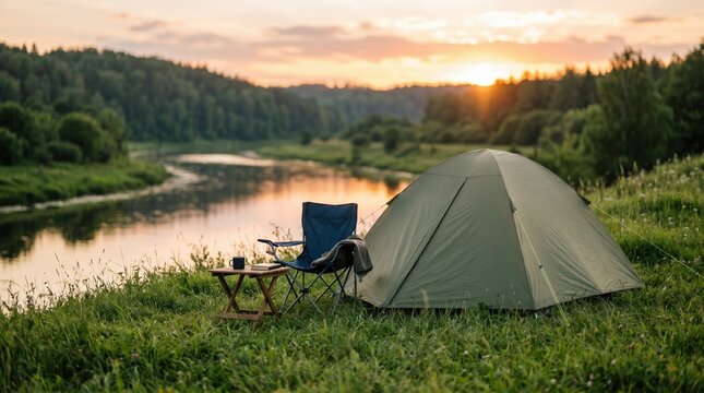 Empty camping setup beside a river at sunset with tent chair and table. Peaceful wilderness retreat with travel, relaxation and outdoor adventure atmosphere.