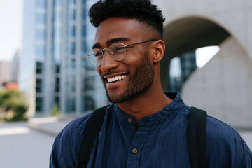 Fototapeta premium Close up smiling young man with glasses in urban cityscape portrait for website banner background and lifestyle branding